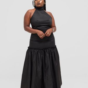 Drop Waist Halter Dress Long - Black