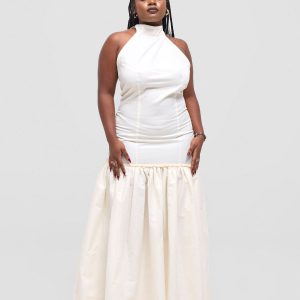Drop Waist Halter Dress Long - White