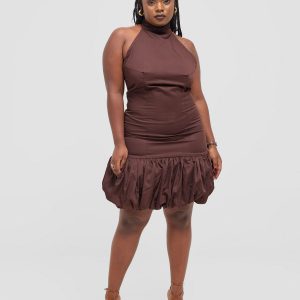 Bubble Hem Halter Mini Dress - Brown