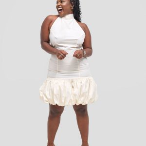 Bubble Hem Halter Mini Dress - Cream