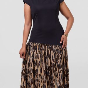 Asymmetric Dropped Waist Gather Dress - Black