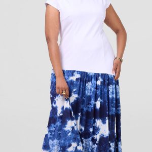 Asymmetric Dropped Waist Gather Dress - Blue